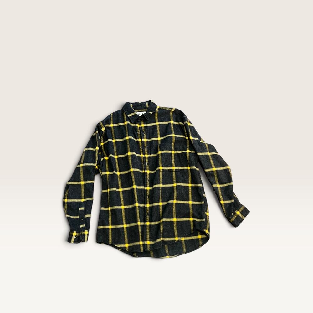 Eddie Bauer Flannel Shirt Men's L Black Gold Windowpane Plaid 100% Cotton